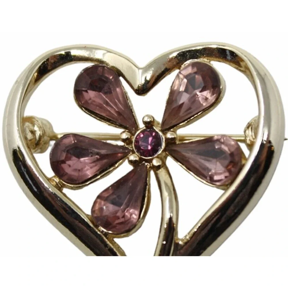 Vintage Monet Open Heart Pin Brooch Purple Rhinestone Flower Valentine - Hey Viv